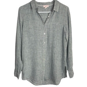 Saint Tropez West 100% Linen Shirt Womens S Gray Stripe Roll Tab Sleeve Coastal